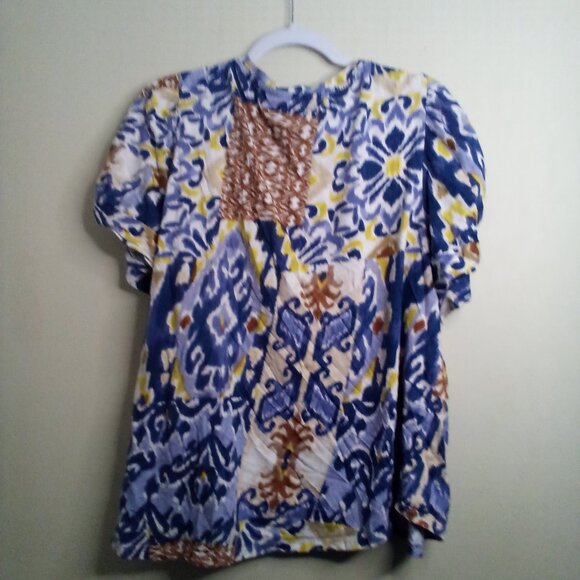 Cupio Blouse Women 2X Short Sleeve Soft Pattern Blue Brown Yellow - Picture 10 of 15